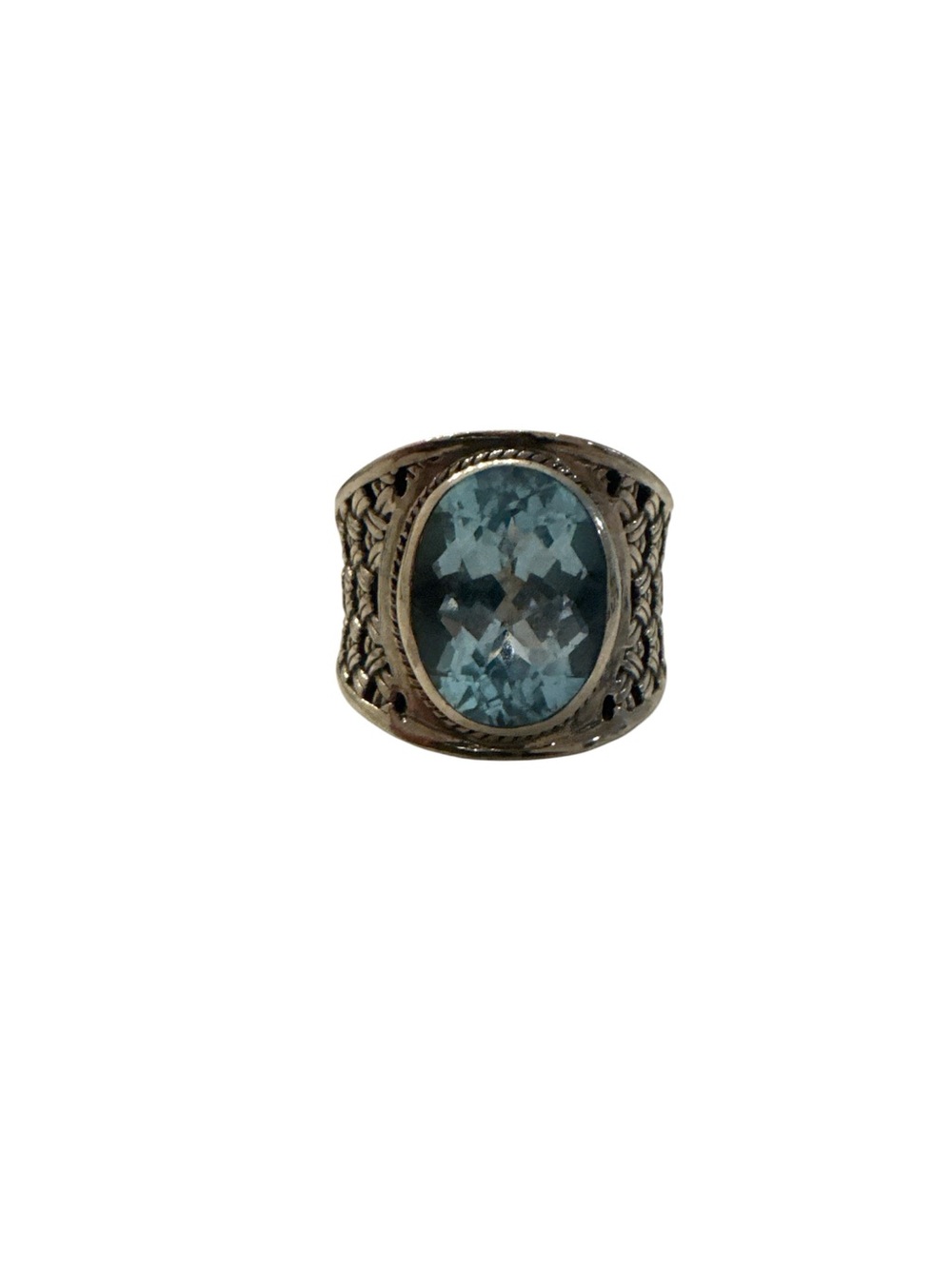 Vintage Sterling Silver Samuel Benham BJC Blue Topaz Ring Woven Byzantine